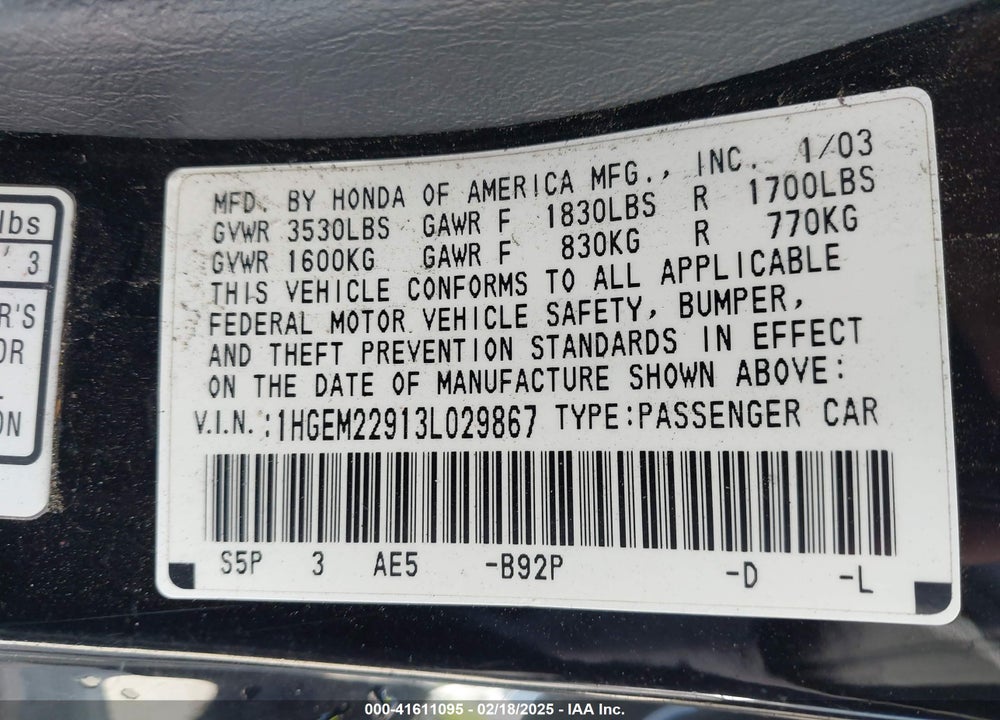 2003 HONDA CIVIC EX VIN: 1HGEM22913L029867