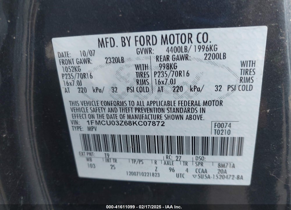 2008 FORD ESCAPE XLT VIN: 1FMCU03Z68KC07872