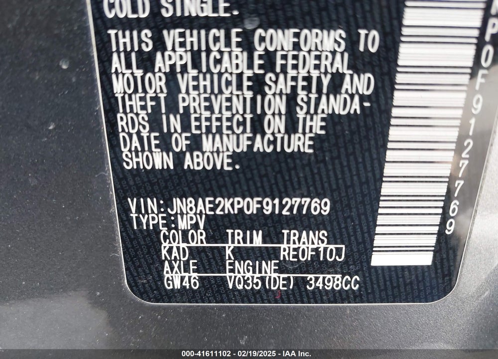 2015 NISSAN QUEST VIN: JN8AE2KP0F9127769