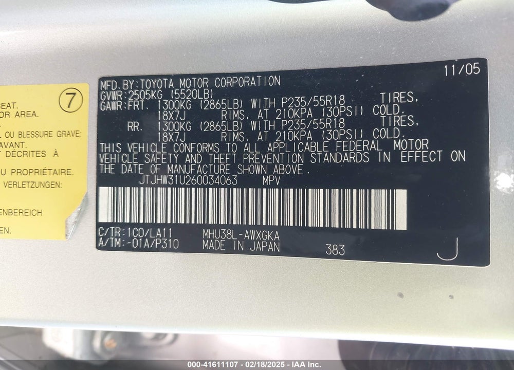 2006 LEXUS RX 400H VIN: JTJHW31U260034063