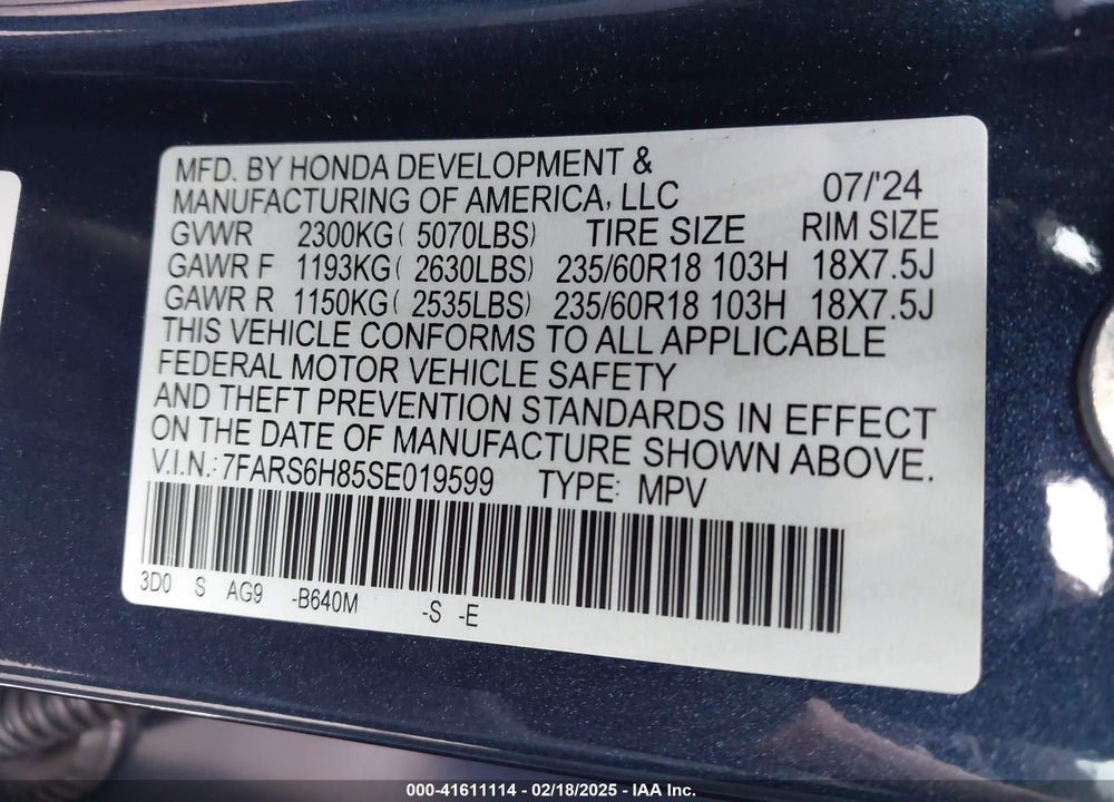2025 HONDA CR-V HYBRID SPORT-L VIN: 7FARS6H85SE019599