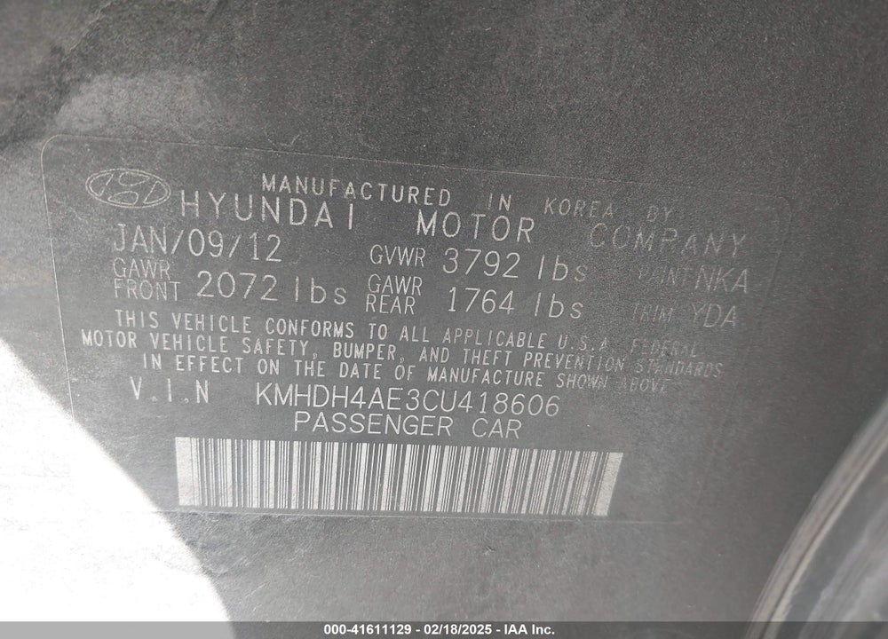 2012 HYUNDAI ELANTRA VIN: KMHDH4AE3CU418606
