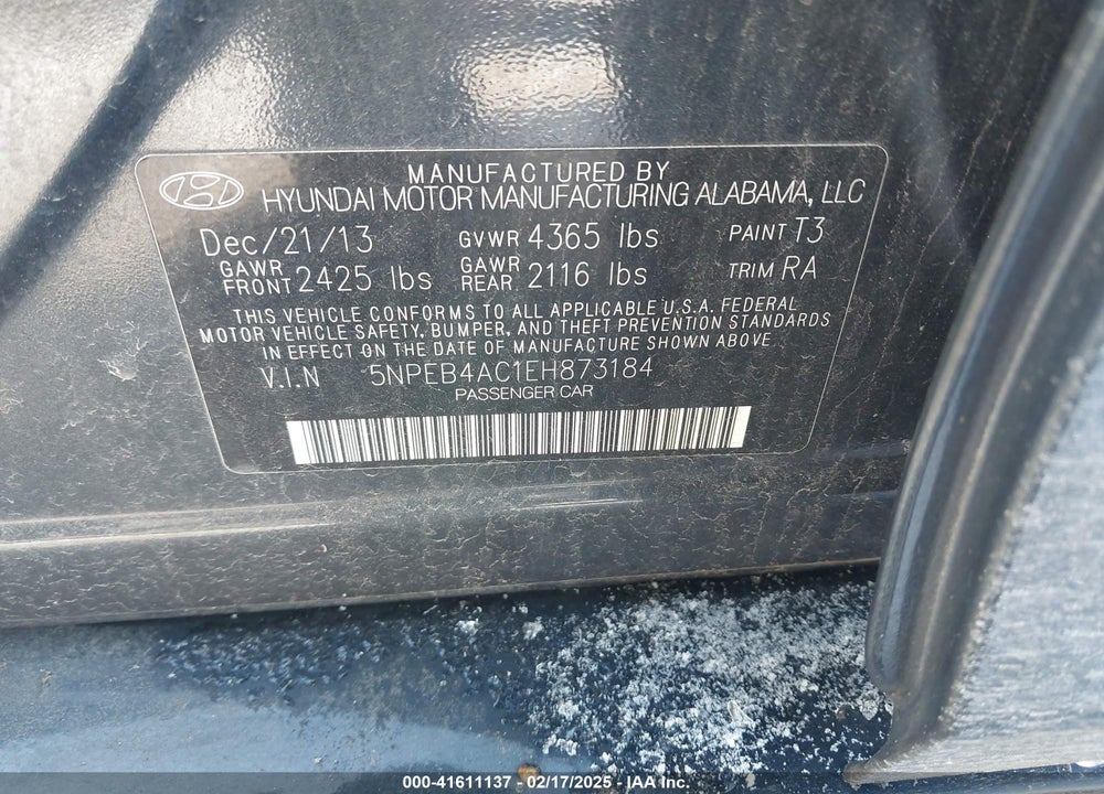 2014 HYUNDAI SONATA VIN: 5NPEB4AC1EH873184