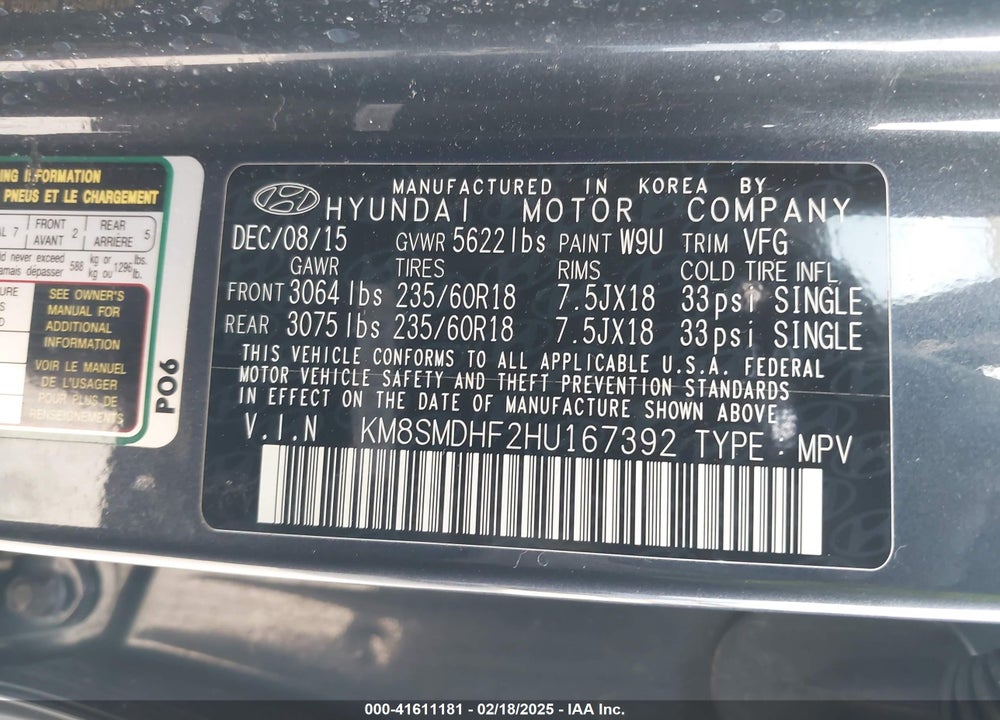 2017 HYUNDAI SANTA FE SE VIN: KM8SMDHF2HU167392