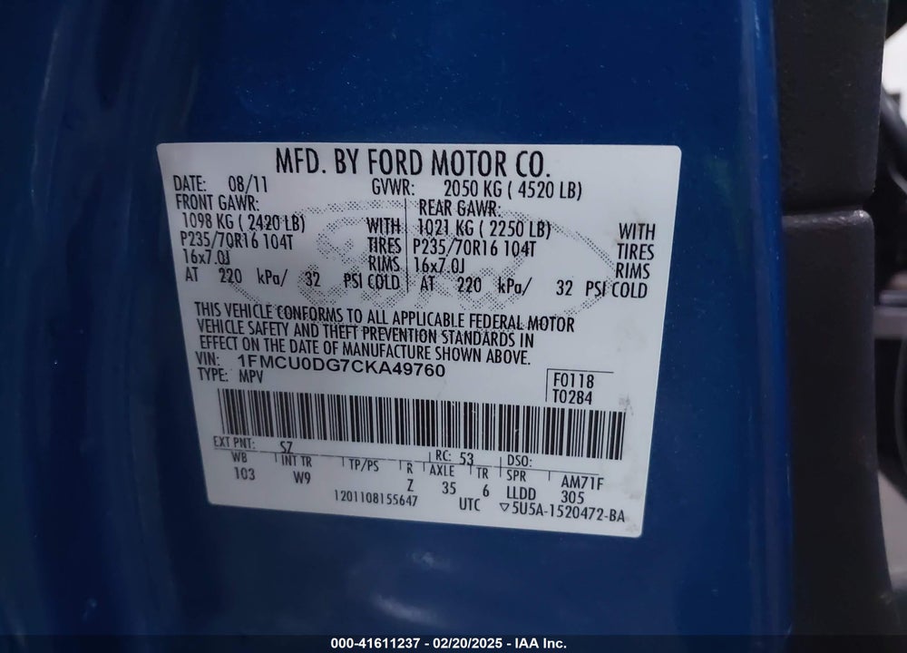 2012 FORD ESCAPE VIN: 1FMCU0DG7CKA49760