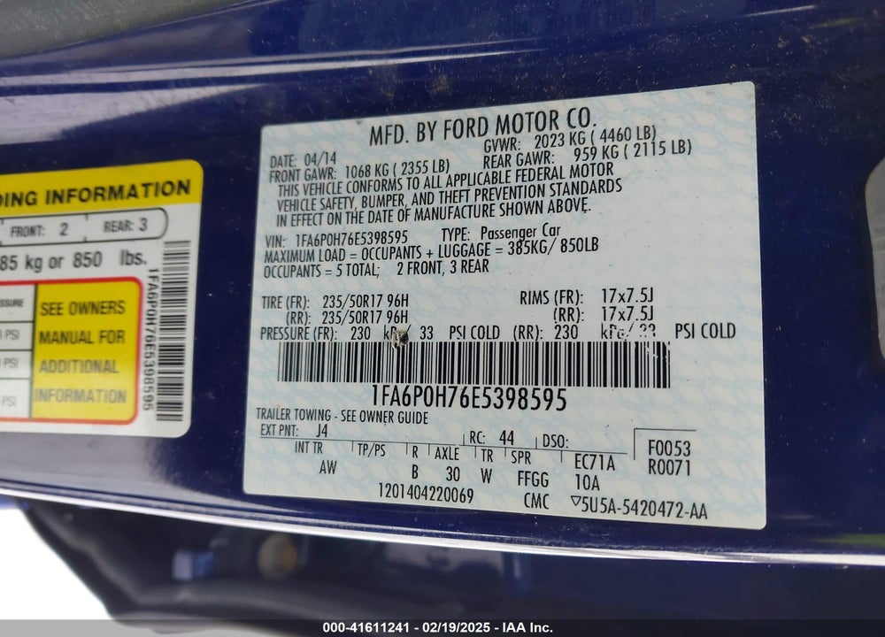 2014 FORD FUSION VIN: 1FA6P0H76E5398595