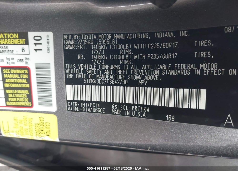 2015 TOYOTA SIENNA VIN: 5TDKK3DC7FS642780
