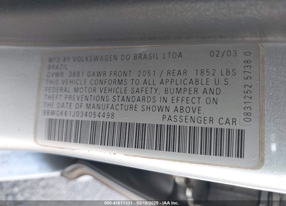 2003 VOLKSWAGEN GOLF VIN: 9BWGK61J034054498