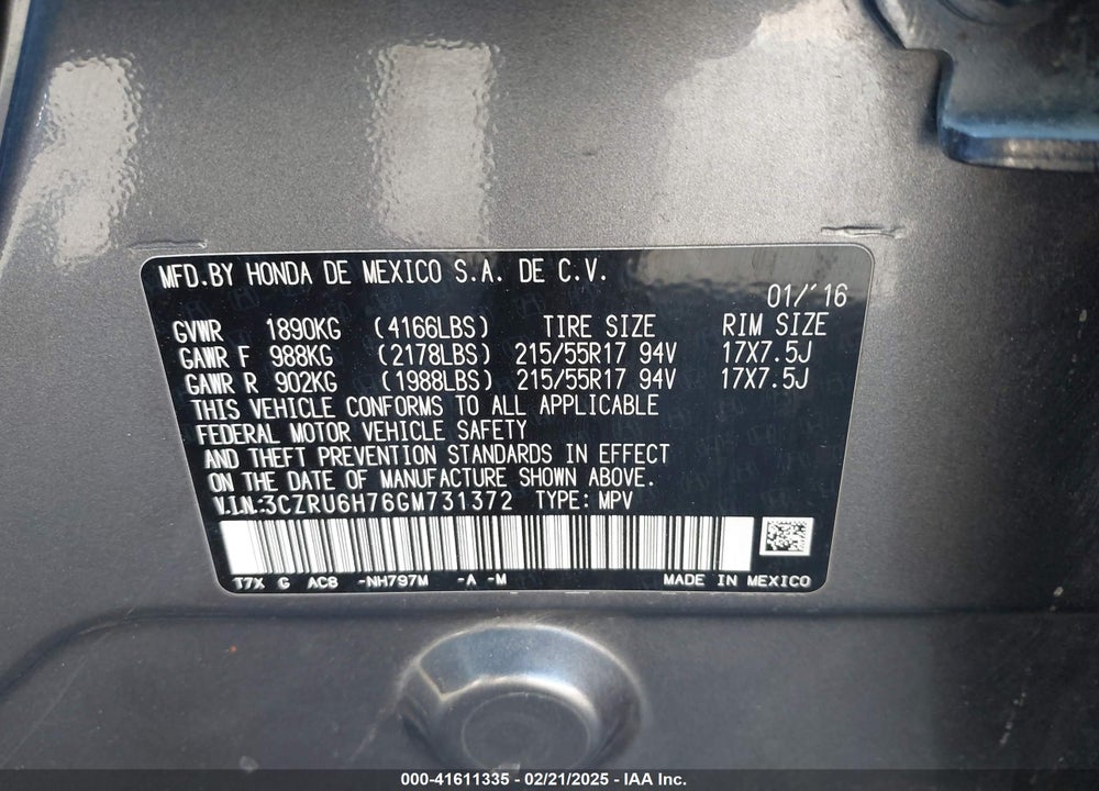 2016 HONDA HR-V EX-L VIN: 3CZRU6H76GM731372