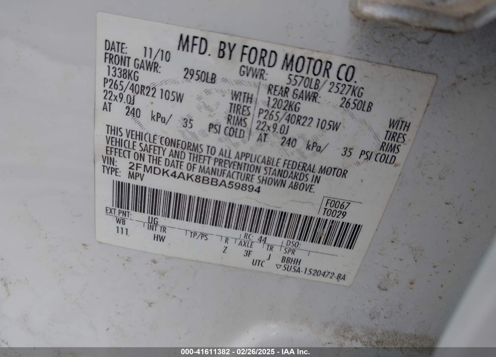2011 FORD EDGE VIN: 2FMDK4AK8BBA59894