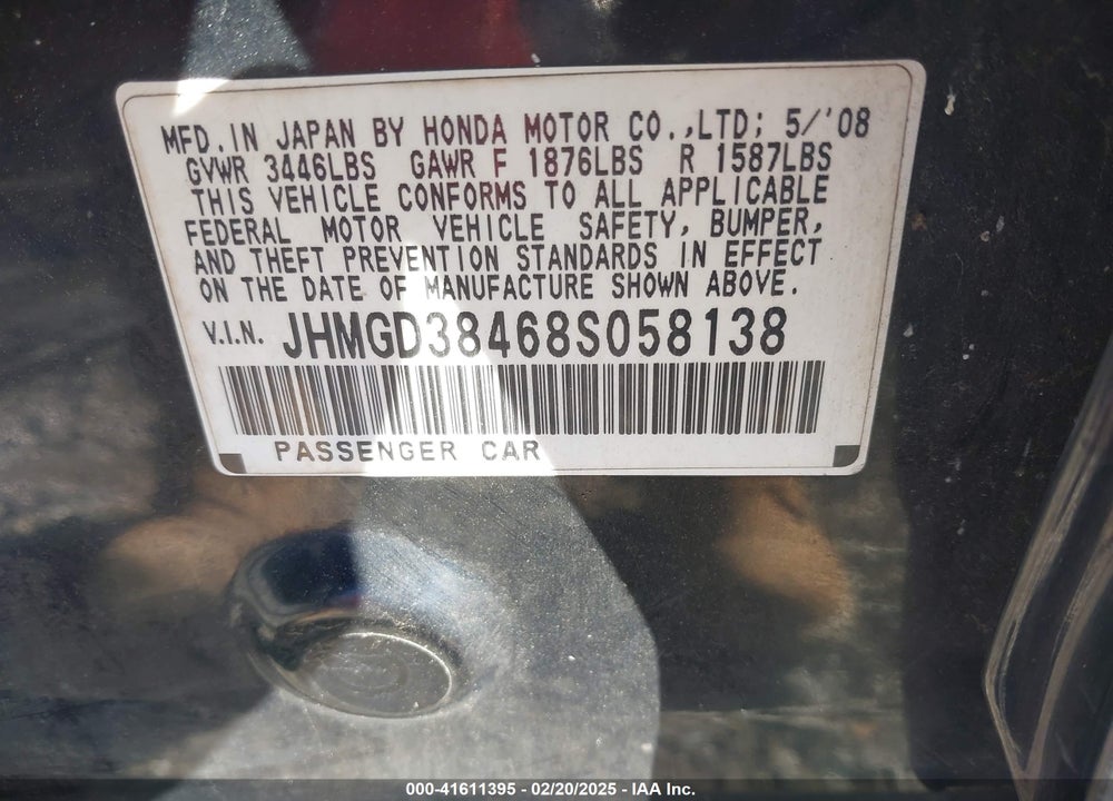 2008 HONDA FIT VIN: JHMGD38468S058138