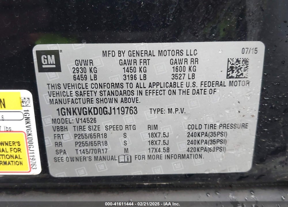 2016 CHEVROLET TRAVERSE 1LT VIN: 1GNKVGKD0GJ119763