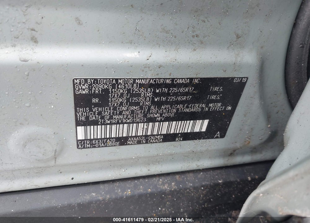 2019 TOYOTA RAV4 VIN: 2T3W1RFV1KW019623
