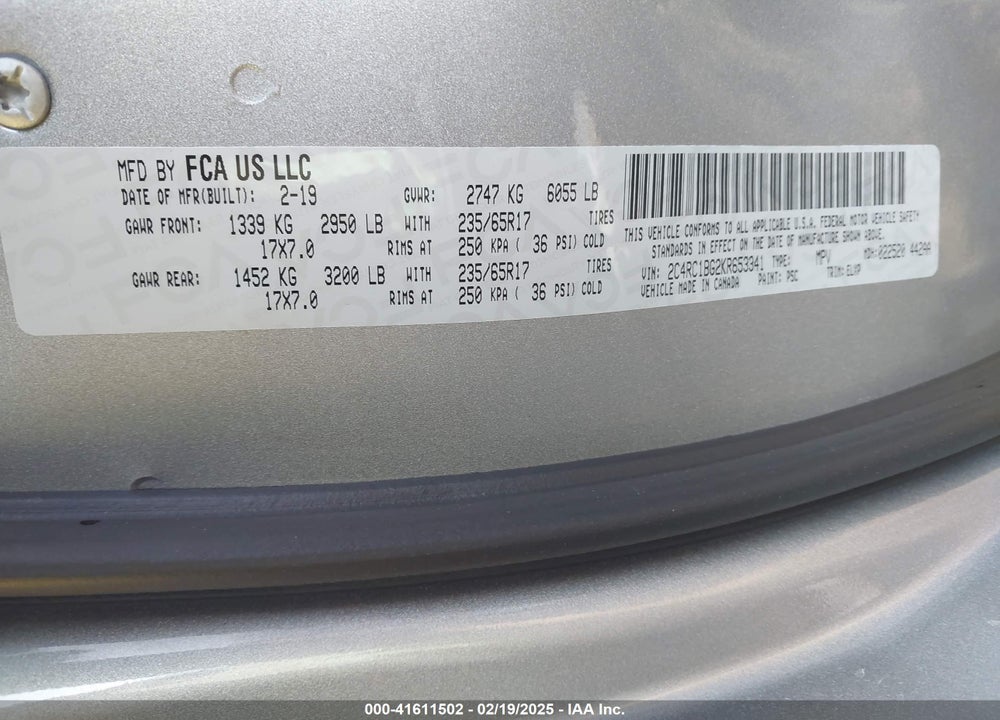 2019 CHRYSLER PACIFICA TOURING L VIN: 2C4RC1BG2KR653341