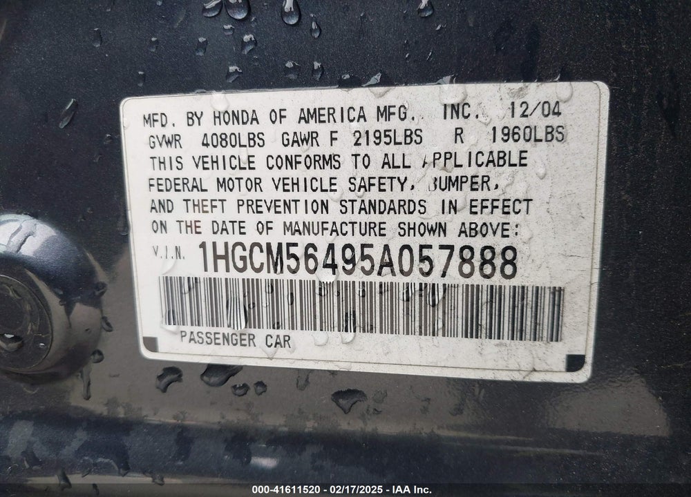 2005 HONDA ACCORD 2.4 LX VIN: 1HGCM56495A057888