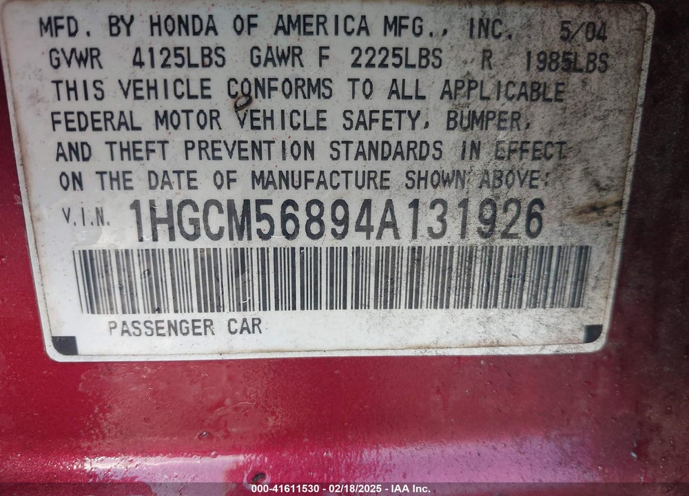 2004 HONDA ACCORD 2.4 EX VIN: 1HGCM56894A131926