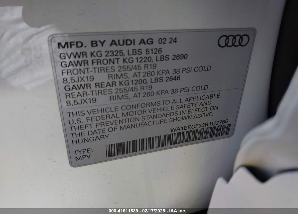 2024 AUDI Q3 PREMIUM PLUS 45 TFSI S LINE QUATTRO TIPTRONIC VIN: WA1EECF33R1112786
