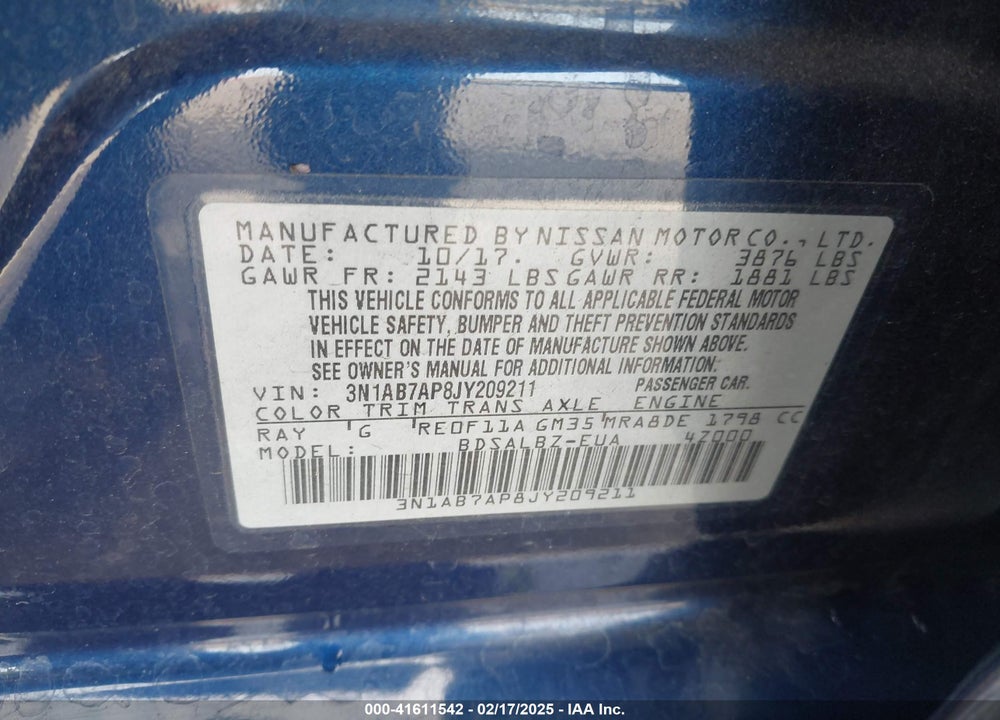 2018 NISSAN SENTRA VIN: 3N1AB7AP8JY209211