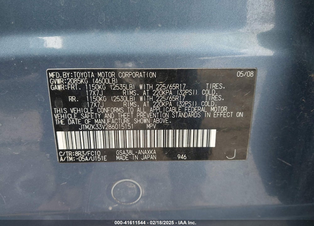 2008 TOYOTA RAV4 BASE V6 VIN: JTMZK33V286015151