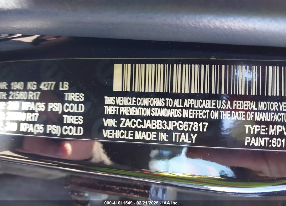 2018 JEEP RENEGADE LATITUDE FWD VIN: ZACCJABB3JPG67817