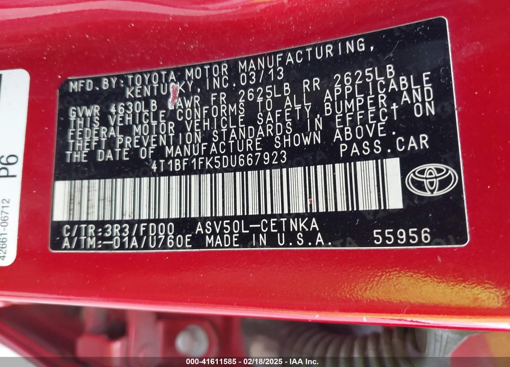 2013 TOYOTA CAMRY VIN: 4T1BF1FK5DU667923