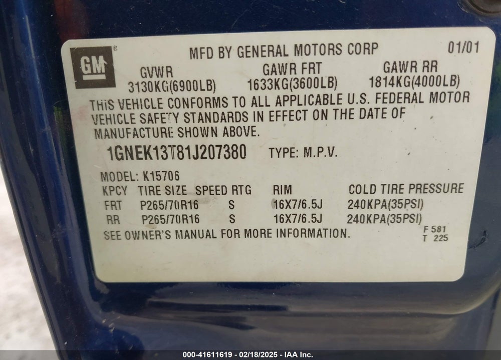 2001 CHEVROLET TAHOE LT VIN: 1GNEK13T81J207380