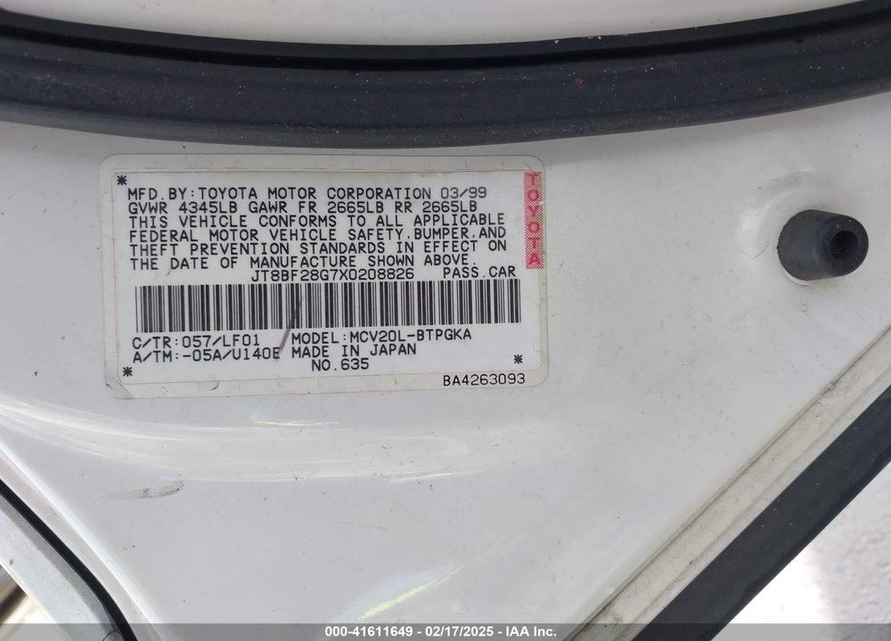 1999 LEXUS ES 300 VIN: JT8BF28G7X0208826