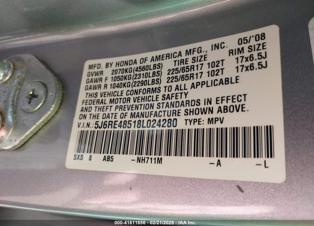 2008 HONDA CR-V EX VIN: 5J6RE48518L024280