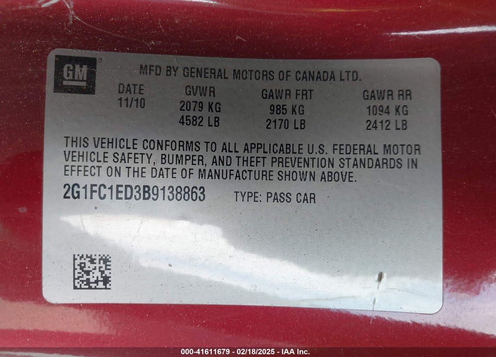 2011 CHEVROLET CAMARO VIN: 2G1FC1ED3B9138863
