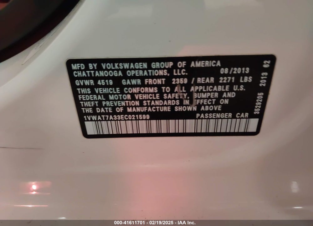 2014 VOLKSWAGEN PASSAT VIN: 1VWAT7A33EC021599