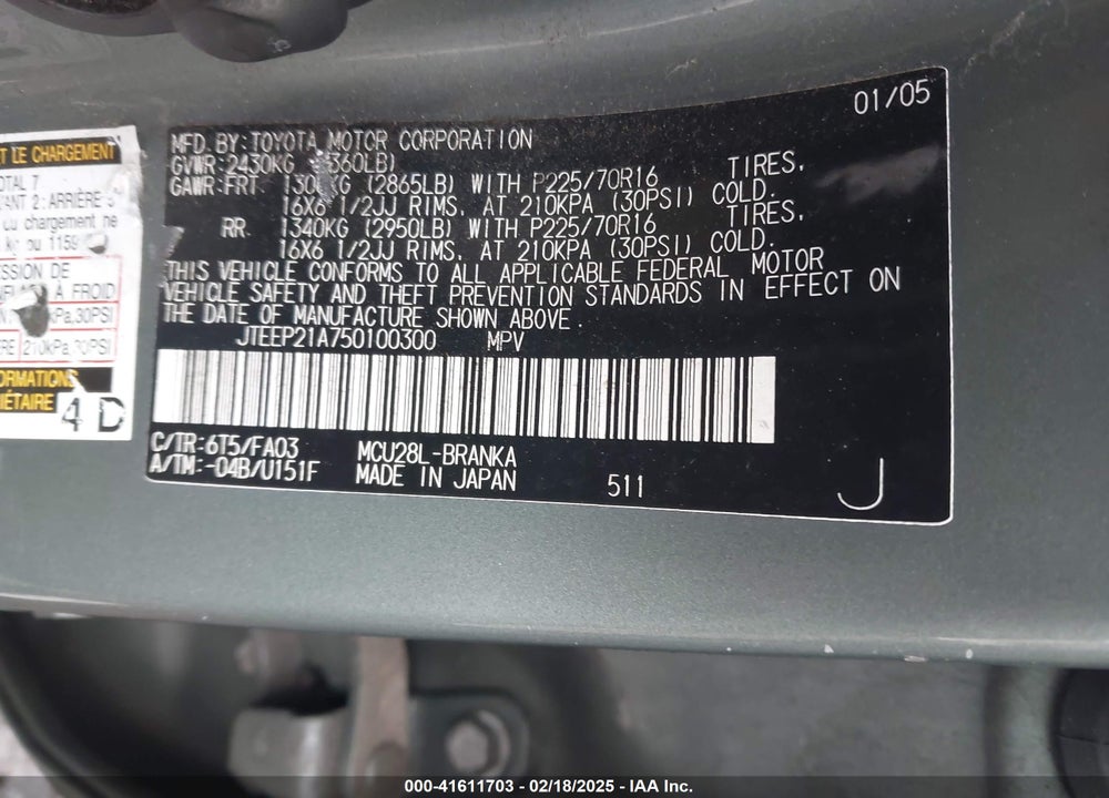 2005 TOYOTA HIGHLANDER V6 VIN: JTEEP21A750100300