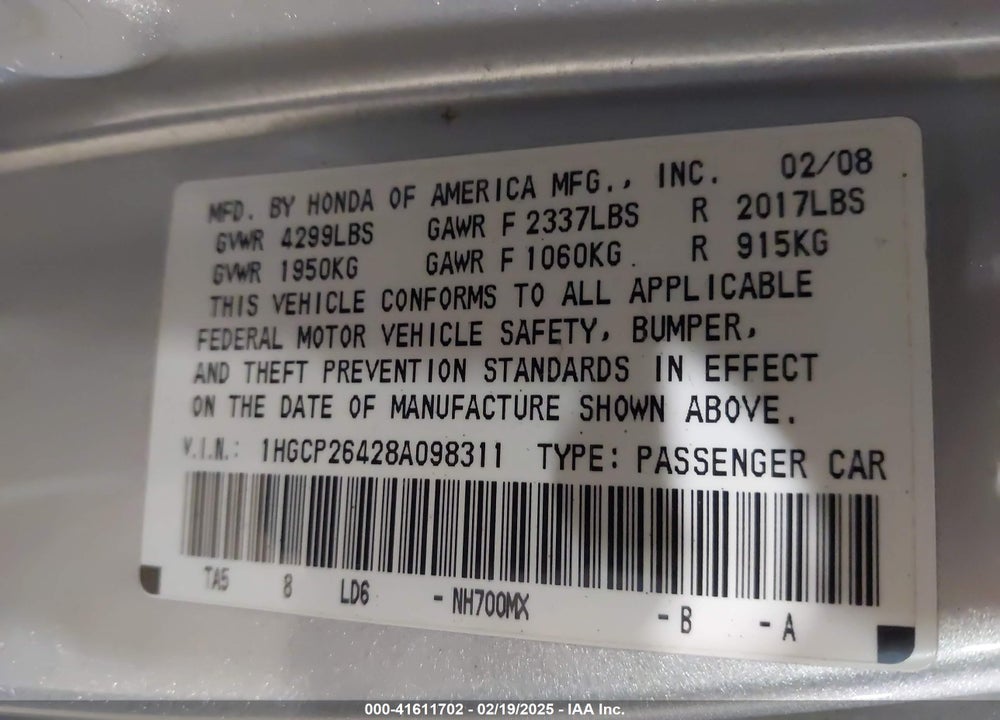 2008 HONDA ACCORD 2.4 LX-P VIN: 1HGCP26428A098311