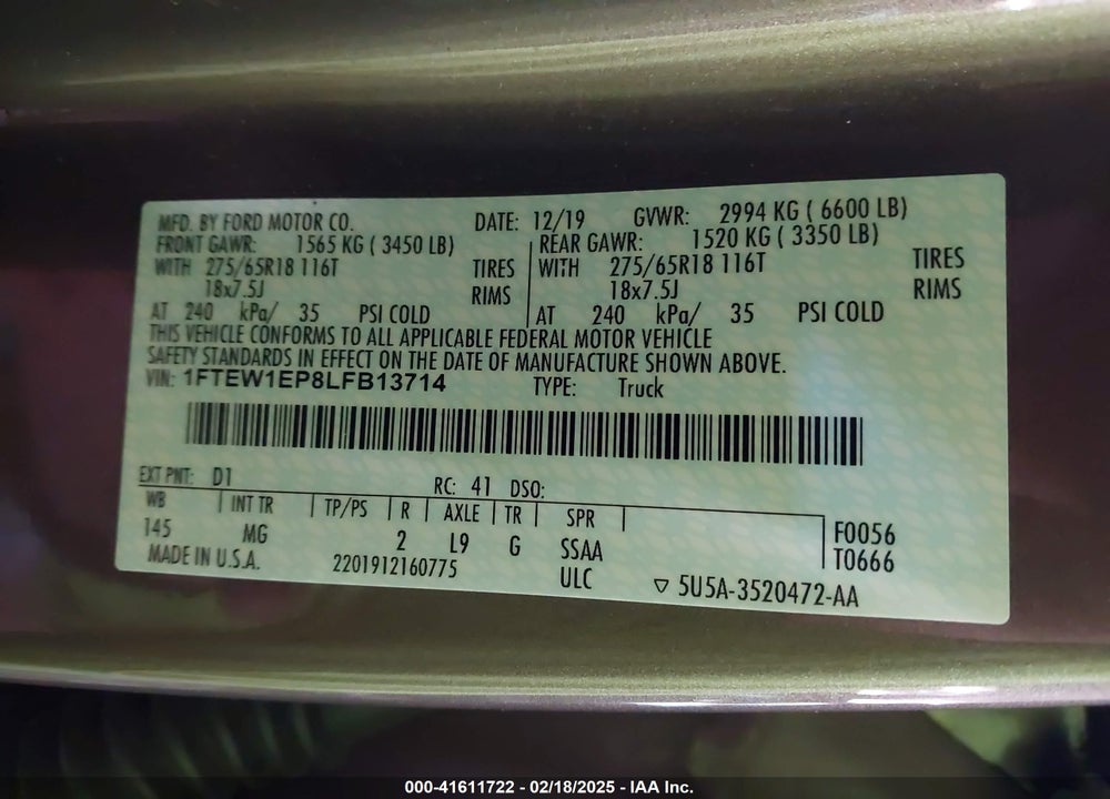 2020 FORD F-150 VIN: 1FTEW1EP8LFB13714