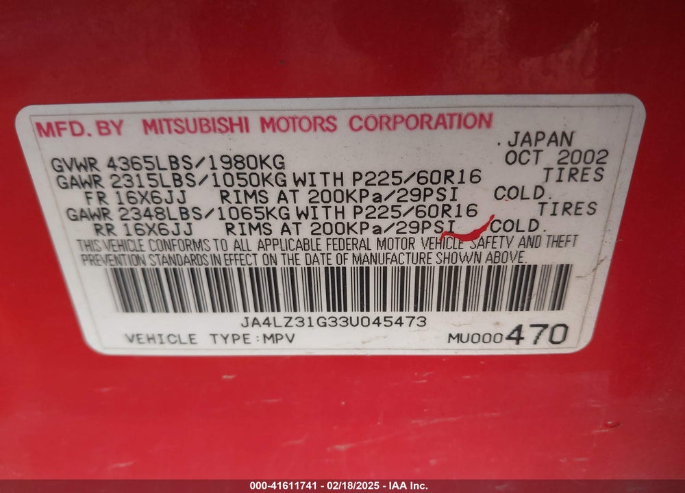 2003 MITSUBISHI OUTLANDER LS VIN: JA4LZ31G33U045473