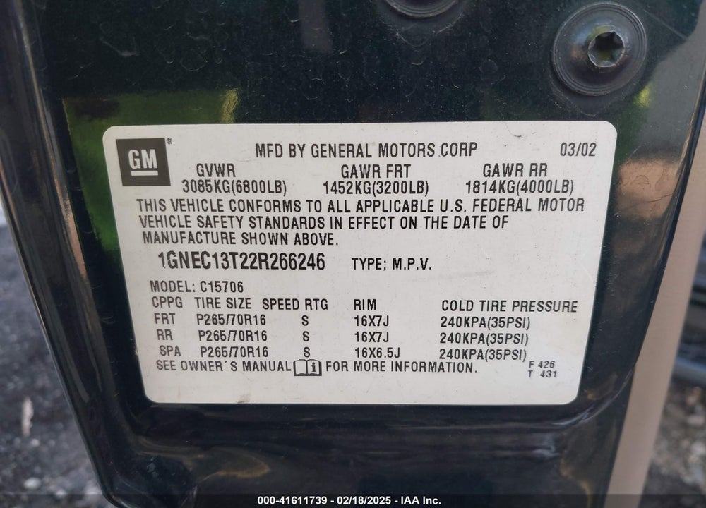 2002 CHEVROLET TAHOE LS VIN: 1GNEC13T22R266246
