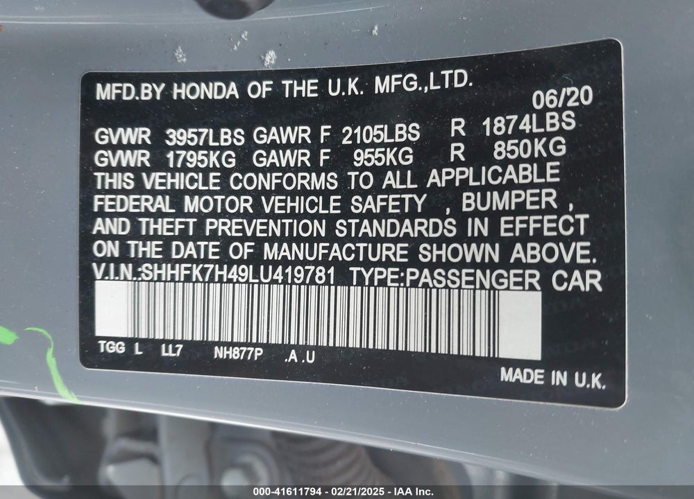 2020 HONDA CIVIC VIN: SHHFK7H49LU419781