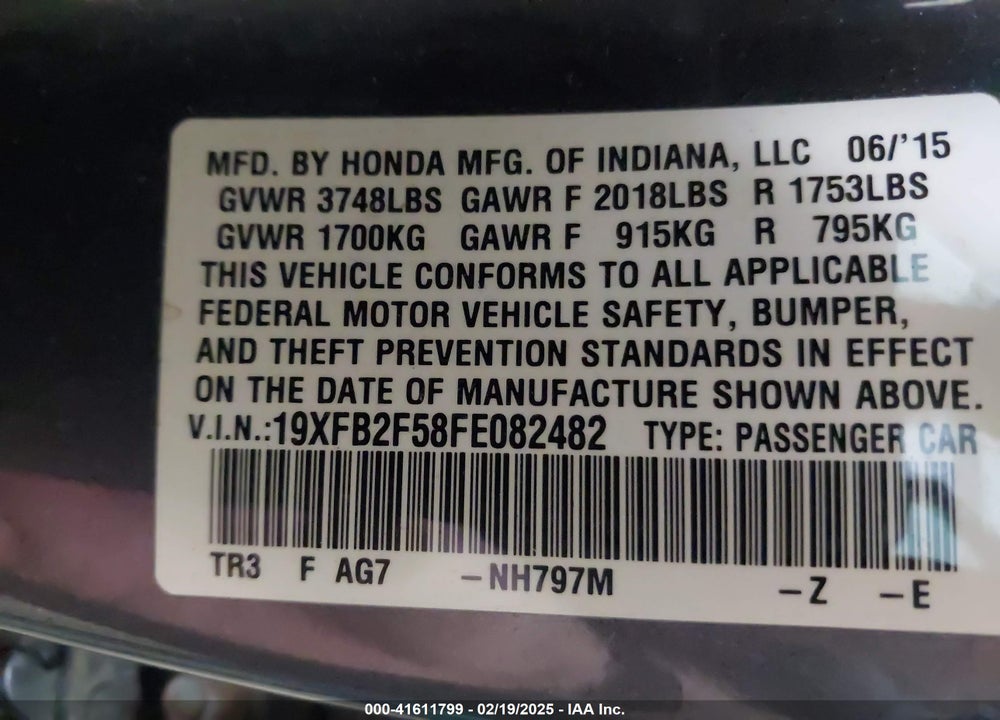 2015 HONDA CIVIC VIN: 19XFB2F58FE082482