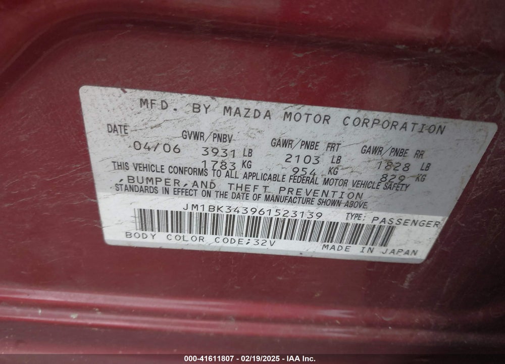 2006 MAZDA MAZDA3 VIN: JM1BK343961523139