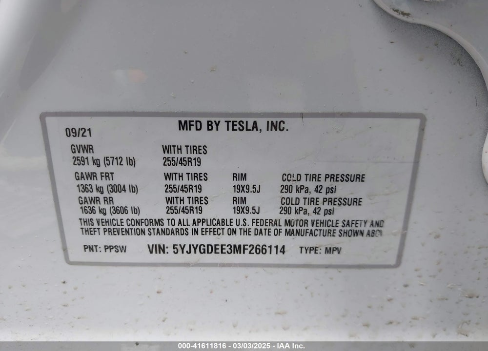 2021 TESLA MODEL Y LONG RANGE DUAL MOTOR ALL-WHEEL DRIVE VIN: 5YJYGDEE3MF266114