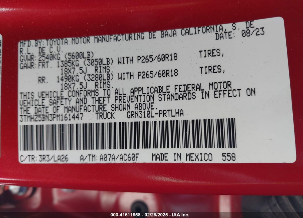 2023 TOYOTA TACOMA VIN: 3TMHZ5BN3PM161447