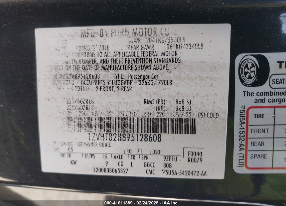 2009 FORD MUSTANG VIN: 1ZVHT82H895128608