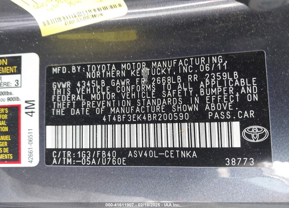 2011 TOYOTA CAMRY VIN: 4T4BF3EK4BR200590