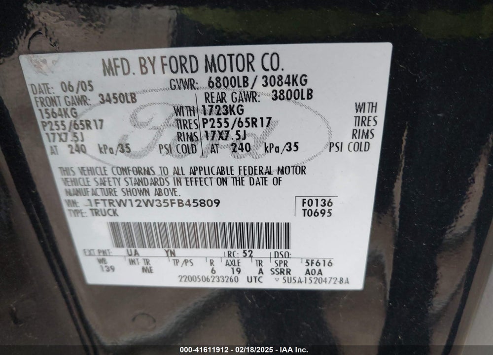 2005 FORD F-150 VIN: 1FTRW12W35FB45809
