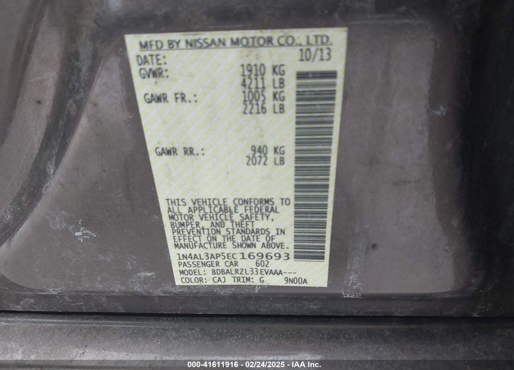 2014 NISSAN ALTIMA VIN: 1N4AL3AP5EC169693