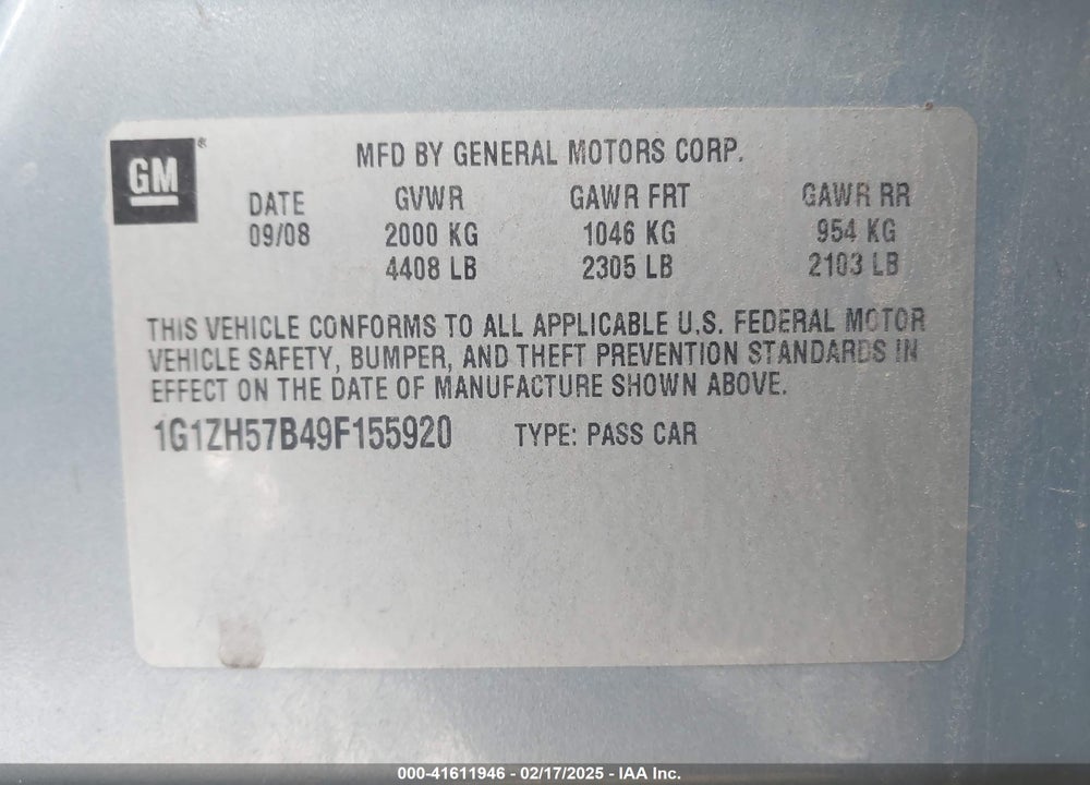 2009 CHEVROLET MALIBU LT VIN: 1G1ZH57B49F155920