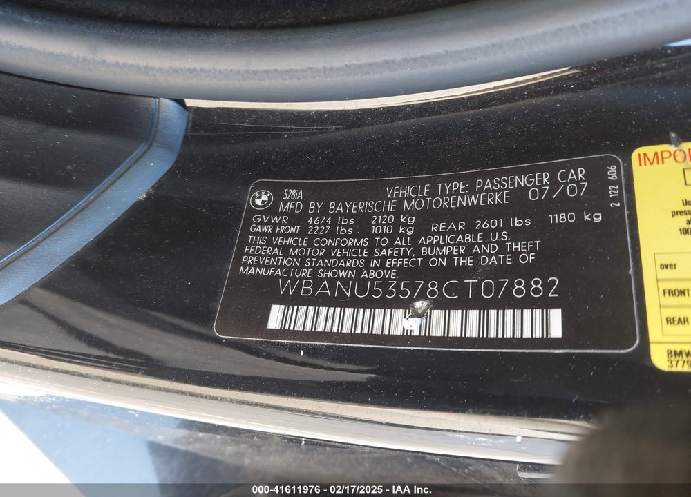 2008 BMW 528I VIN: WBANU53578CT07882