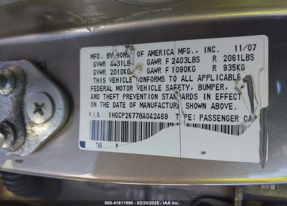 2008 HONDA ACCORD VIN: 1HGCP26778A042469