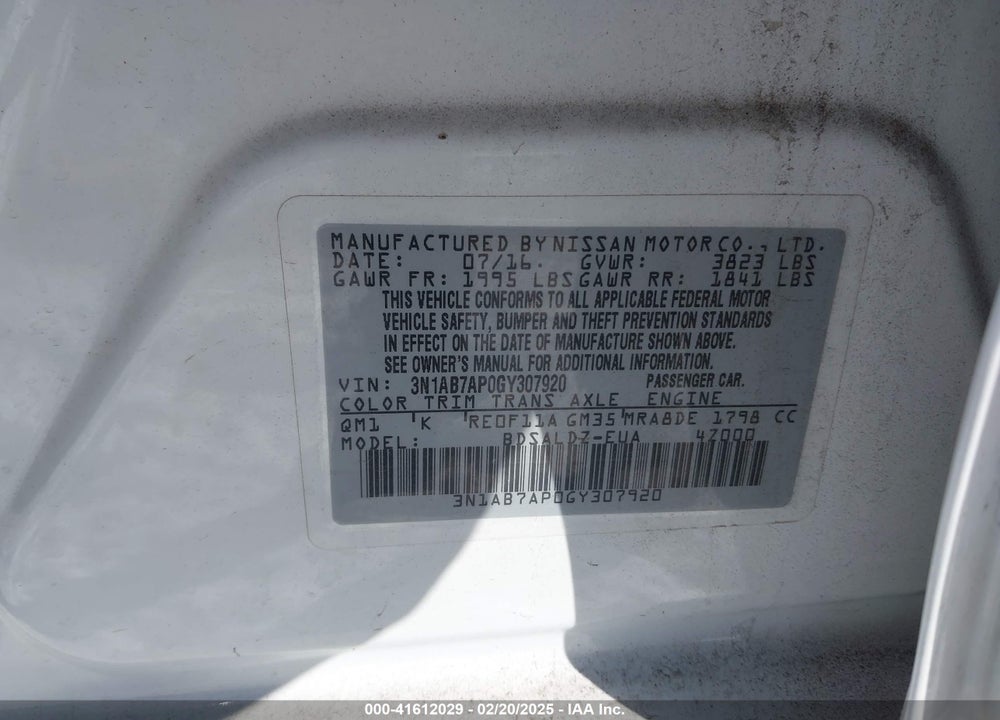 2016 NISSAN SENTRA VIN: 3N1AB7AP0GY307920