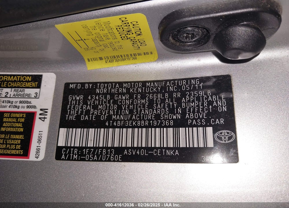2011 TOYOTA CAMRY VIN: 4T4BF3EK8BR197368
