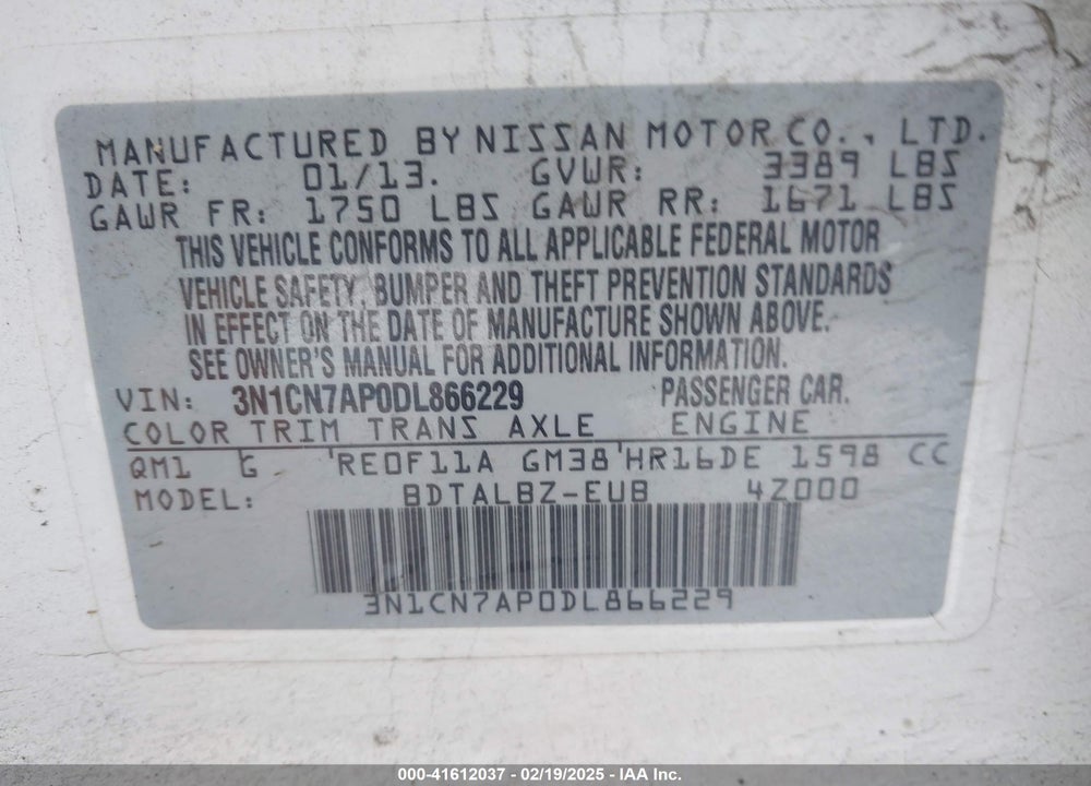 2013 NISSAN VERSA VIN: 3N1CN7AP0DL866229